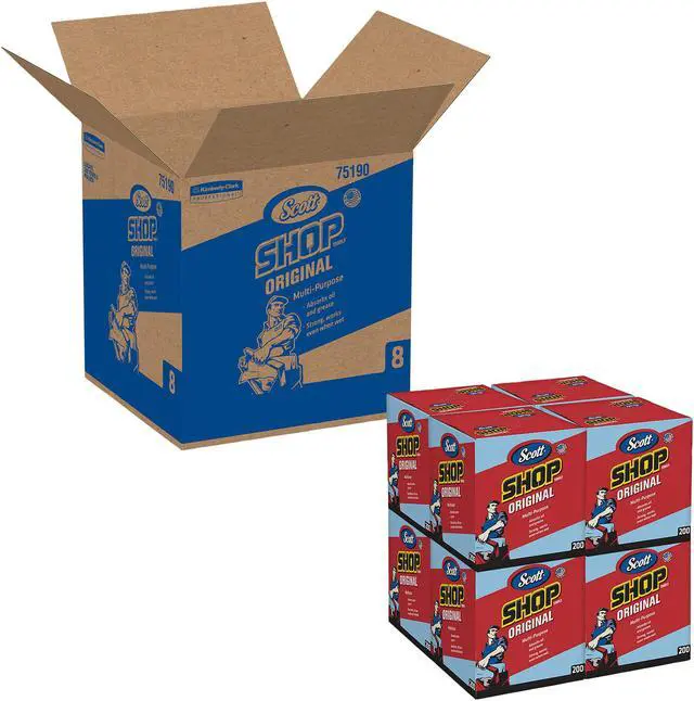Alt view image 4 of 5 - Scott Shop Towels Original (75190), Blue, Pop-Up Dispenser Box, 10” x 12”, 200 Sheets / Box, 8 Boxes / Case, 1,600 Towels / Case
