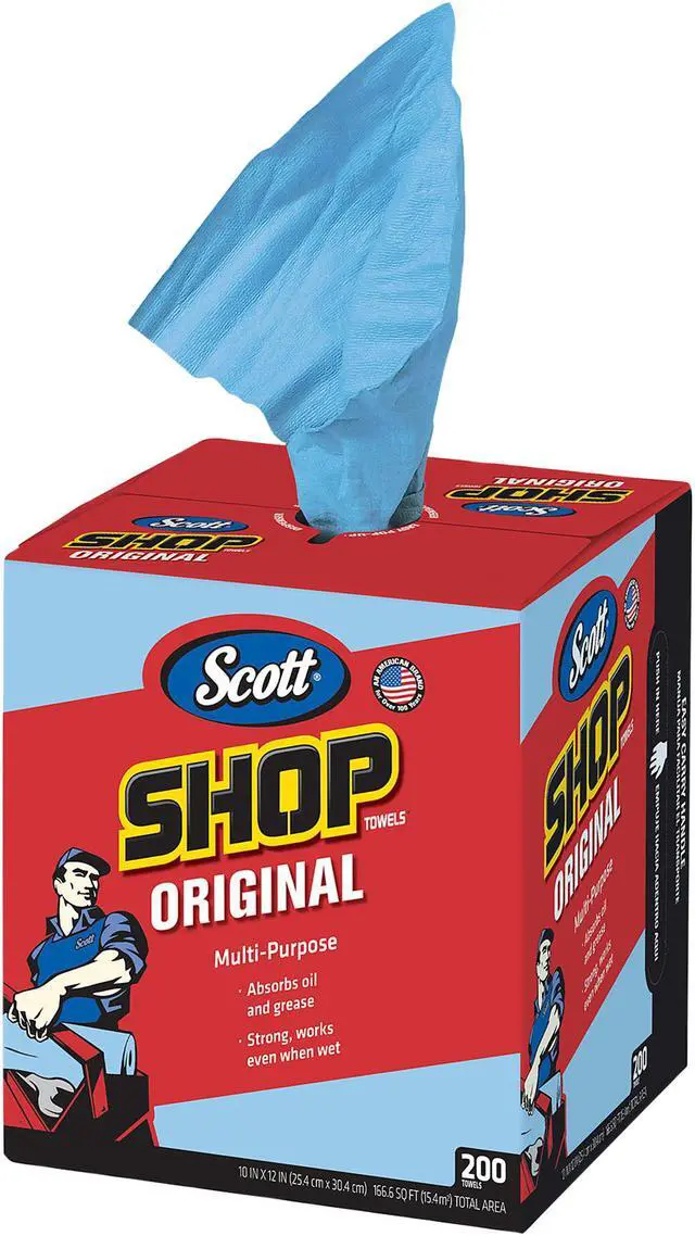 Alt view image 2 of 5 - Scott Shop Towels Original (75190), Blue, Pop-Up Dispenser Box, 10” x 12”, 200 Sheets / Box, 8 Boxes / Case, 1,600 Towels / Case