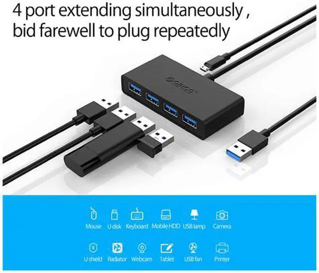 Alt view image 4 of 7 - ORICO Ultra Slim Portable 4-Port USB3.0 Data HUB with Reserved Micro USB DC 5V Power Port for Windows,XP, Vista ,Windows, Linux and Mac Desktop or Laptop -Black