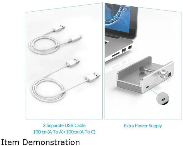 Alt view image 10 of 10 - ORICO USB 3.0 Hub Clamp Adapter, Aluminum 4-Port USB Splitter with Extra Power Supply Port and 4.92 FT USB Data Cable, Ultra-Portable USB Expander for 2021 iMac/Laptop/PC