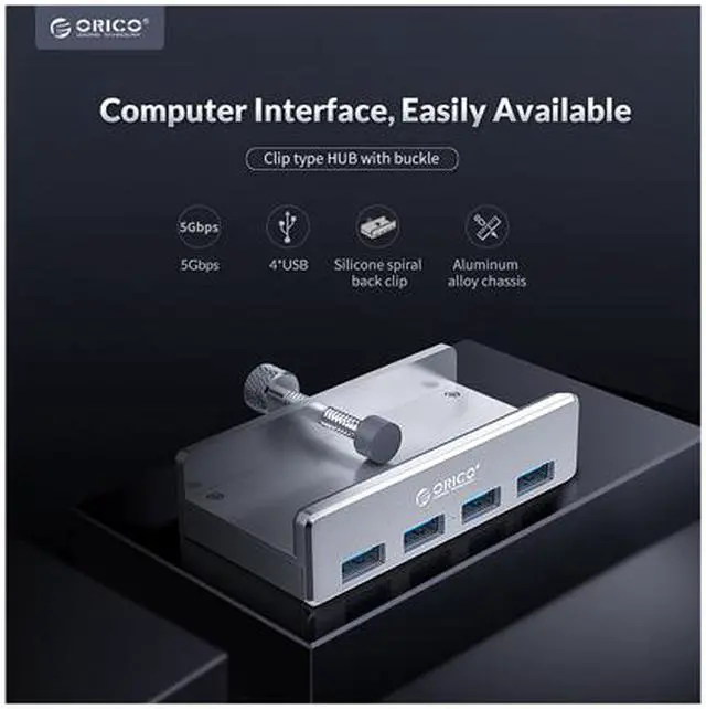 Alt view image 3 of 7 - ORICO Aluminum 4 Ports USB 3.0 HUB, USB splitter For Desktop Laptop Clip Range 10-32mm With 4.95ft Date Cable Ultra-Portable USB Expander for MacBook Air/Laptop/PC - Silver