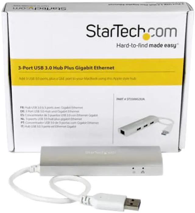 Alt view image 6 of 6 - StarTech.com ST3300G3UA 3 Port Portable USB 3.0 Hub plus Gigabit Ethernet - Built-In Cable - Aluminum USB Hub with GbE Adapter - Compact USB 3 Hub