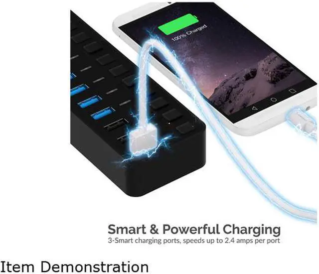 Alt view image 4 of 7 - SABRENT 60W 10 Port USB 3.0 Hub Includes 3 Smart Charging Ports with Individual Power Switches and LEDs and 60W 12V/5A Power Adapter (HB-B7C3)