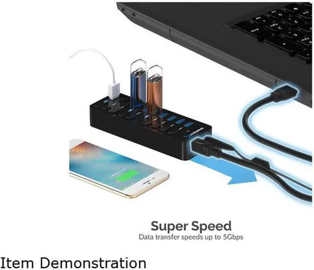 Alt view image 6 of 7 - SABRENT 60W 10 Port USB 3.0 Hub Includes 3 Smart Charging Ports with Individual Power Switches and LEDs and 60W 12V/5A Power Adapter (HB-B7C3)