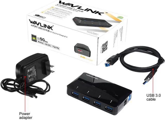 Alt view image 8 of 8 - Wavlink 4-Port USB 3.0 Hub with One 2.4A Fast Charging Port (BC1.2 / iPad / Cellphone), Super Speed USB 3.0 Hub Up To 5Gbps, With 12V/2A Power Adapter, LED Indicator, Hot Swapping, Plug and Play