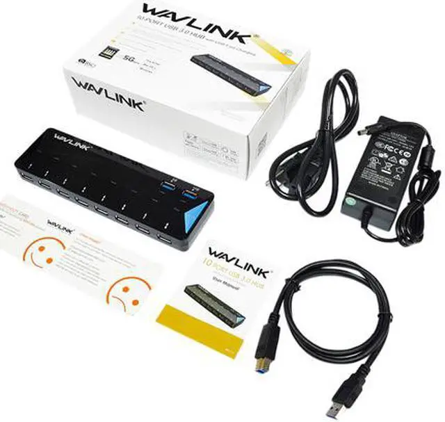 Alt view image 7 of 7 - Wavlink 10-Port USB 3.0 Hub with 2x1.5A Fast USB Charging Port, 48W Power Adapter, Peripheral Sharing Switch, LED indicators, USB3.0 Splitter Up to 5Gbps for Android, Apple iOS, Windows Mobile Devices