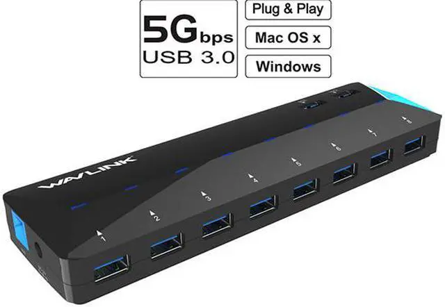 Alt view image 4 of 7 - Wavlink 10-Port USB 3.0 Hub with 2x1.5A Fast USB Charging Port, 48W Power Adapter, Peripheral Sharing Switch, LED indicators, USB3.0 Splitter Up to 5Gbps for Android, Apple iOS, Windows Mobile Devices