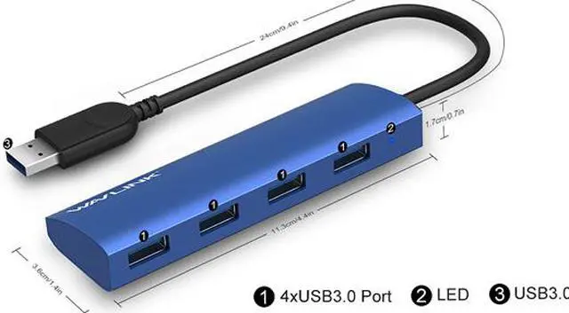 Alt view image 3 of 7 - Wavlink 4-Port USB3.0 Hub, USB 3.0 Portable Aluminum Hub, USB Extension Multi-function Hot Swapping, plug and play, Built-in surge protectors, for Mac, MacBook, MacBook Pro/Air/Mini, or any PC - Blue
