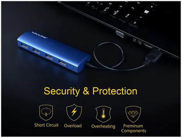 Alt view image 4 of 7 - Wavlink 4-Port USB3.0 Hub, USB 3.0 Portable Aluminum Hub, USB Extension Multi-function Hot Swapping, plug and play, Built-in surge protectors, for Mac, MacBook, MacBook Pro/Air/Mini, or any PC - Blue
