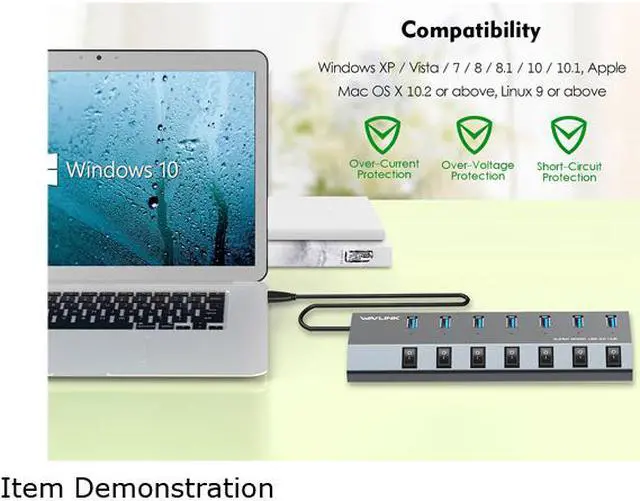 Alt view image 5 of 8 - Wavlink Aluminum 7 Ports BC 1.2 Charging USB 3.0 Hub, Charging Up to 5V/2.4A, Individual Power On/Off Switches and LEDs with 48W Power Adapter For Macbook, iPad, iPhone, Laptops, Tablets, Mobile, etc.