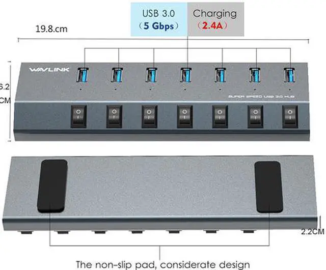 Alt view image 2 of 8 - Wavlink Aluminum 7 Ports BC 1.2 Charging USB 3.0 Hub, Charging Up to 5V/2.4A, Individual Power On/Off Switches and LEDs with 48W Power Adapter For Macbook, iPad, iPhone, Laptops, Tablets, Mobile, etc.