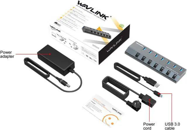 Alt view image 8 of 8 - Wavlink Aluminum 7 Ports BC 1.2 Charging USB 3.0 Hub, Charging Up to 5V/2.4A, Individual Power On/Off Switches and LEDs with 48W Power Adapter For Macbook, iPad, iPhone, Laptops, Tablets, Mobile, etc.
