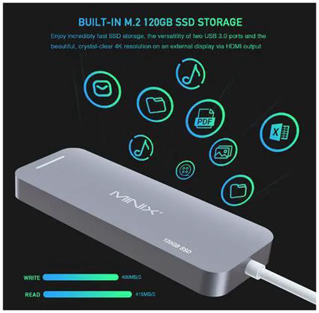 Alt view image 2 of 5 - MINIX NEO Storage, Aluminium USB-C Multiport SSD Storage Hub, Combine 120GB M.2 SSD Storage with HDMI [4K @ 30Hz], 2 x USB 3.0 and USB-C for Power Delivery, Compatible for Apple MacBook. Gray/Silver
