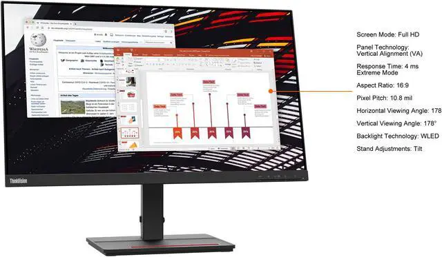 Alt view image 4 of 11 - Lenovo ThinkVision S24e-20 24" (23.8" Viewable) Full HD 1920 x 1080 WLED LCD Monitor - 16:9 - 60 Hz - 4 ms - Raven Black (62AEKAT2US)