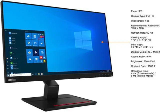 Alt view image 5 of 10 - Lenovo ThinkVision T24t-20 62C5GAR1US Raven Black 23.8" 10-Point Capacitive Touch IPS Monitor Full HD 1920 x 1080 16:9 300 cd/m2