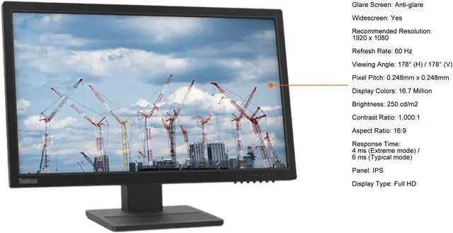Alt view image 5 of 7 - Lenovo 22" (21.5" Viewable) 60 Hz IPS FHD IPS Monitor 4 ms (Extreme mode) / 6 ms (Typical mode) D-Sub, HDMI, DisplayPort Flat Panel ThinkVision E22-28