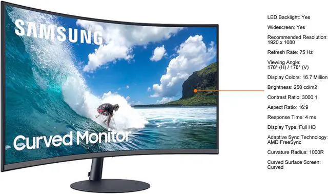 Alt view image 5 of 8 - Samsung T55 Series LC27T550FDNXZA 27" Full HD 1920 x 1080 75Hz VGA, HDMI, DisplayPort FreeSync (AMD Adaptive Sync) Curved Monitor