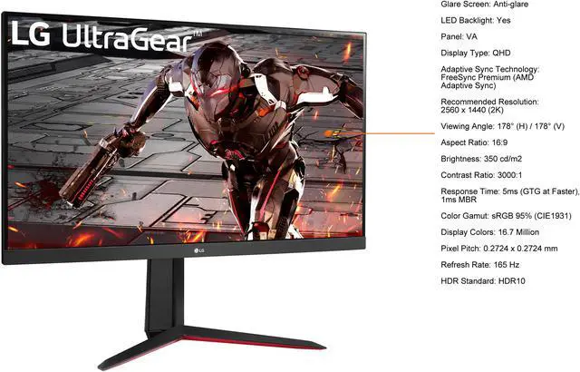 Alt view image 5 of 12 - LG 32" (31.5" Viewable) 32GN650-B UltraGear QHD 2560 x 1440 1ms 165Hz HDR10 Gaming Monitor with FreeSync Premium and Tilt/Height/Pivot adjustable stand