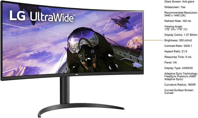 Alt view image 5 of 12 - LG 34BP65C-B 34" UWQHD 3440 x 1440 Curved Screen LED LCD Monitor 21:9 160Hz FreeSync VA Monitor