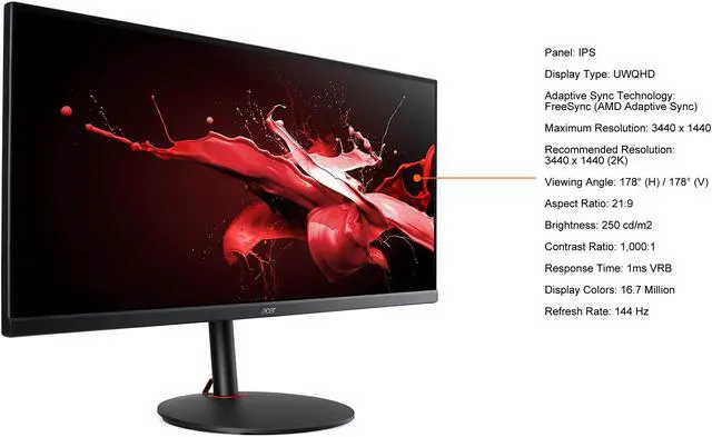 Alt view image 5 of 12 - Acer Nitro XV340CK 34" 144Hz 1ms IPS UWQHD 2K Gaming Monitor 3440 x 1440 Widescreen AMD FreeSync Technology 21:9, 2x HDMI, 2x DisplayPort, USB 3.0