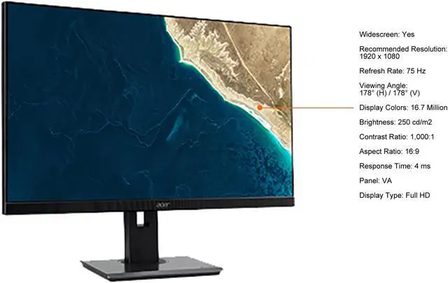 Alt view image 4 of 6 - Acer B227Q A 22" (21.5" Viewable) Full HD LED LCD Monitor - 16:9 - Black - Vertical Alignment (VA) - 1920 x 1080 - 16.7 Million Colors - 250 Nit - 4 ms - 75 Hz - HDMI - VGA - DisplayPort