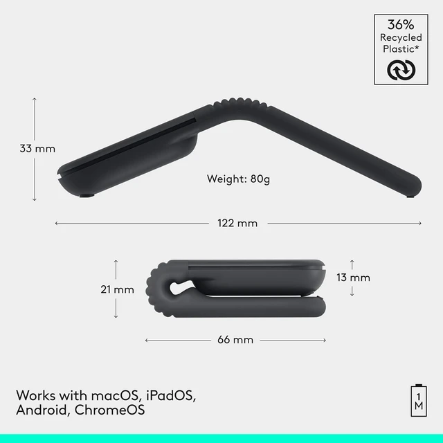 Alt view image 9 of 12 - Logitech Mobi Fold - Ultra-Portable Travel Mouse - Small and Light - Touch Scroll - Quiet Clicks - 4K DPI - Bluetooth - Graphite - 910-007601