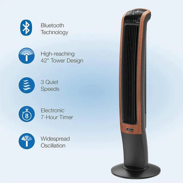 Alt view image 4 of 8 - Lasko Oscillating Wind Curve Tower Fan, Bluetooth Technology, 3 Quiet Speeds, for Bedroom, Living Room & Office, 42", Woodgrain, T42905