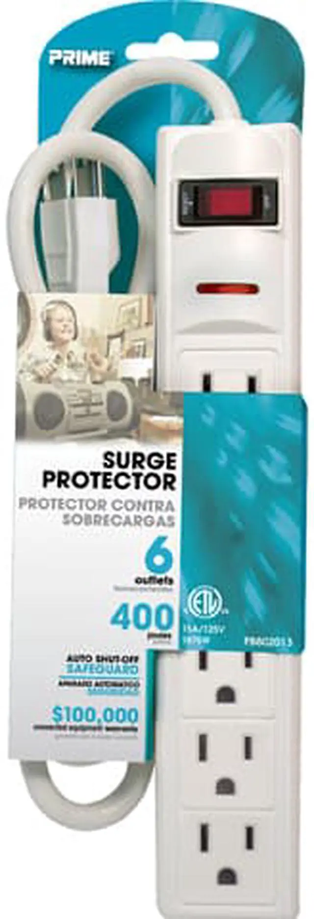 Main image of Prime PB802013 1.5 Feet 6 Outlets 400 Joules White Surge Protector