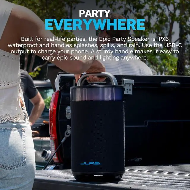 Alt view image 11 of 13 - JLab Epic Party Portable Bluetooth Speaker, Black, 360-degree Sound with 100 Watts of Power, 16+ Hours of Playtime, Customizable RGB LED Lighting, Lab Sync Up to 100 Speakers, Custom Sound in-App