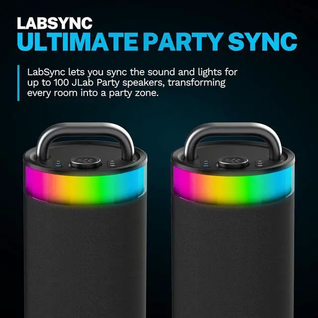 Alt view image 13 of 13 - JLab Epic Party Portable Bluetooth Speaker, Black, 360-degree Sound with 100 Watts of Power, 16+ Hours of Playtime, Customizable RGB LED Lighting, Lab Sync Up to 100 Speakers, Custom Sound in-App