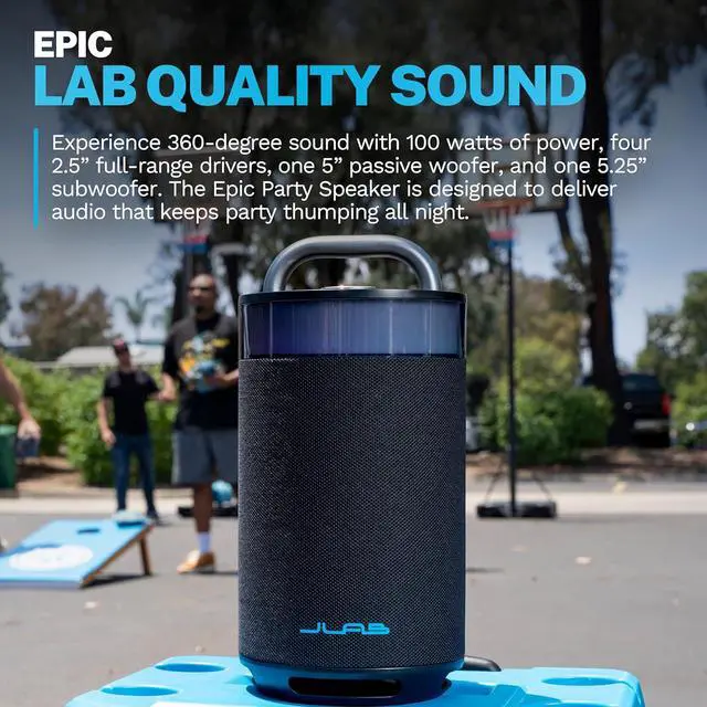 Alt view image 5 of 13 - JLab Epic Party Portable Bluetooth Speaker, Black, 360-degree Sound with 100 Watts of Power, 16+ Hours of Playtime, Customizable RGB LED Lighting, Lab Sync Up to 100 Speakers, Custom Sound in-App