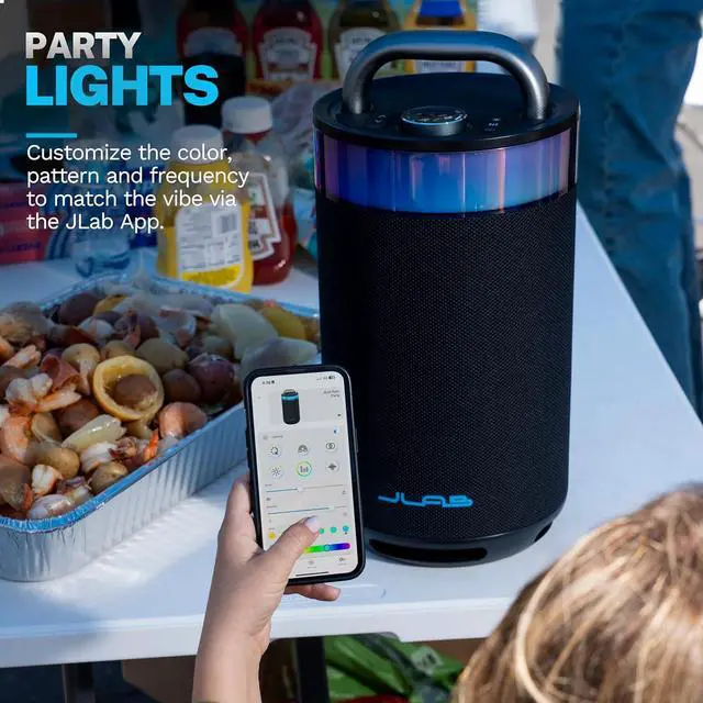 Alt view image 6 of 13 - JLab Epic Party Portable Bluetooth Speaker, Black, 360-degree Sound with 100 Watts of Power, 16+ Hours of Playtime, Customizable RGB LED Lighting, Lab Sync Up to 100 Speakers, Custom Sound in-App