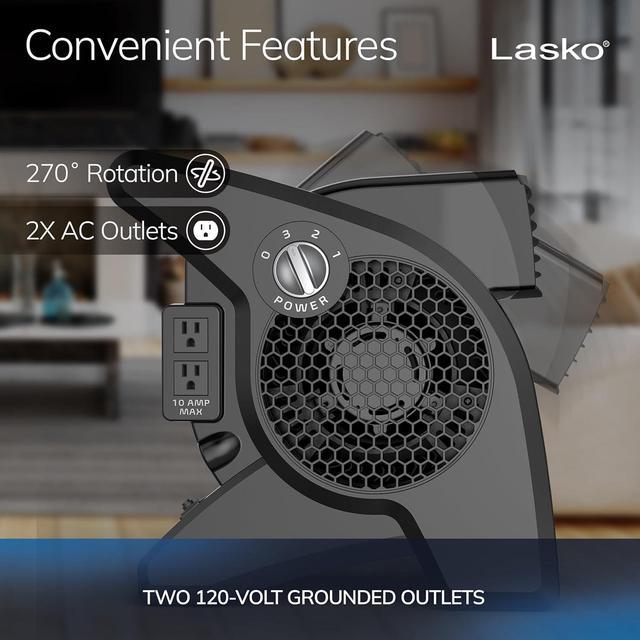 Alt view image 5 of 11 - Lasko High Velocity Fan, 15", 375 CFM, Professional Utility Pivoting Blower Fan with 3 Speeds, 2 Accessory Outlets, 120V, Black, Model U15617