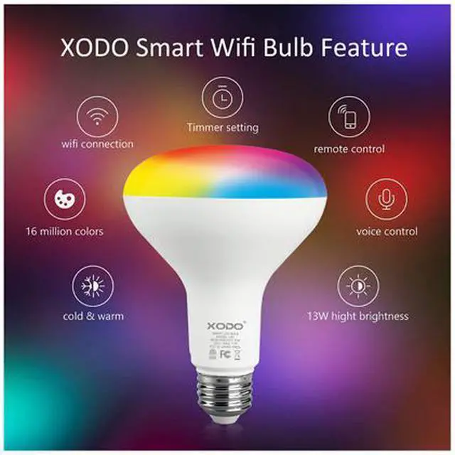 Alt view image 3 of 7 - XODO LB1-4PK Smart Wifi BR30 E26 Dimmable Light Bulb Compatible With Google, Alexa - 11W (75W Equivalent) 900LM RGB+W - LED Multi-Color, Adjustable Color Changing Smart Bulb ETL Listed (4-Pack)