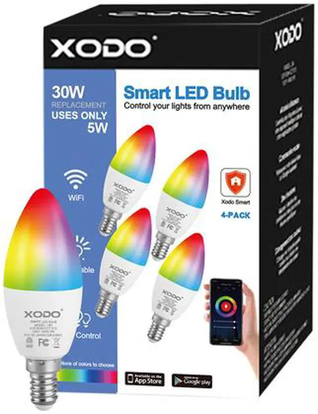 Alt view image 7 of 7 - XODO LB4-4PK Smart Wifi B11 E12 Dimmable Ceiling Fan Candle Light Bulb Compatible With Google, Alexa - 5W (30W Equivalent) 350LM RGB+W - LED Multi-Color, Adjustable Color Smart Bulb ETL Listed 4-Pack