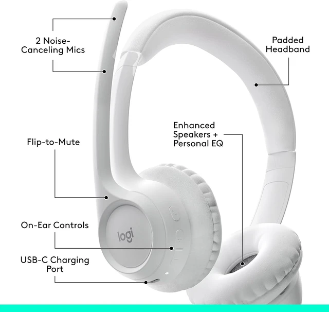 Alt view image 9 of 10 - Logitech Zone 300 Wireless Bluetooth Headset With Noise-Canceling Microphone, Compatible with Windows, Mac, Chrome, Linux, iOS, iPadOS, Android, Off-white