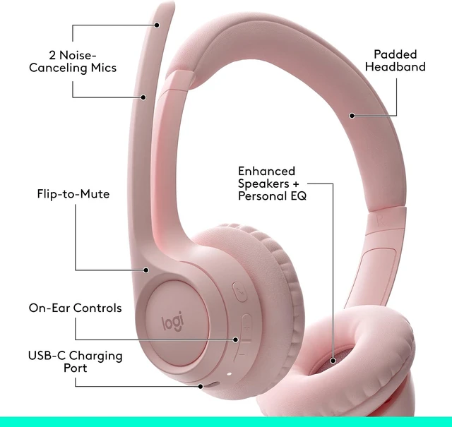 Alt view image 9 of 10 - Logitech Zone 300 Wireless Bluetooth Headset With Noise-Canceling Microphone, Compatible with Windows, Mac, Chrome, Linux, iOS, iPadOS, Android, Rose