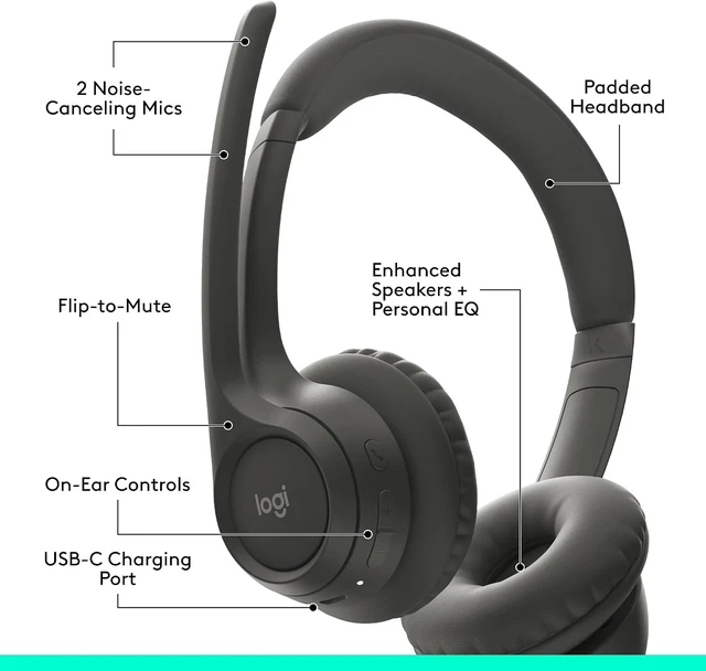 Alt view image 9 of 10 - Logitech Zone 300 Wireless Bluetooth Headset With Noise-Canceling Microphone, Compatible with Windows, Mac, Chrome, Linux, iOS, iPadOS, Android, Black
