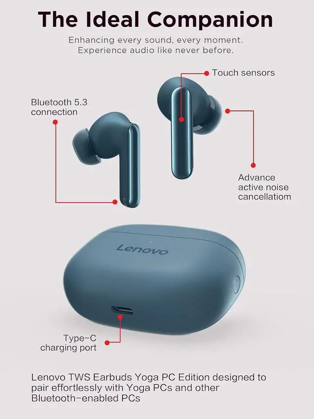 Alt view image 11 of 12 - Lenovo TWS Earbuds Yoga PC Edition Tidal Teal Active Noise Cancellation Bluetooth 5.3 Wireless Earbuds ENC 3-Mic Clear Calls AI EQ Mode Switch for Gaming, Movies, Music, and Meetings (GXD1P89976)