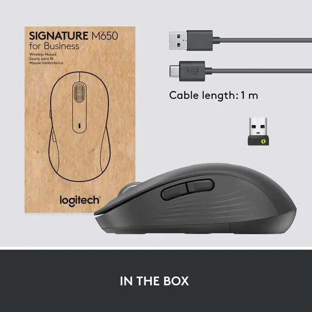 Alt view image 9 of 9 - Logitech Signature M650 Mouse - Wireless - Bluetooth/Radio Frequency - Graphite - USB - 4000 dpi - Scroll Wheel - Medium Hand/Palm Size - Right-handed Only