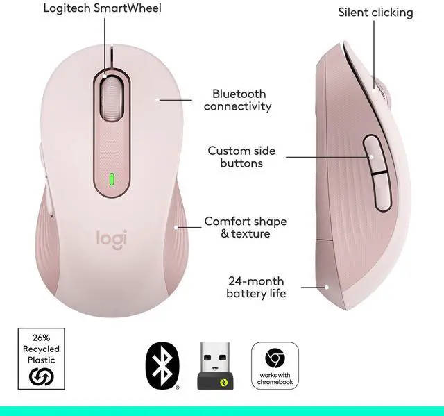 Alt view image 7 of 10 - Logitech Signature M650 Mouse - Optical - Wireless - Bluetooth/Radio Frequency - Rose - USB - 2000 dpi - Scroll Wheel - 5 Button(s) - 5 Programmable Button(s) - Medium Hand/Palm Size