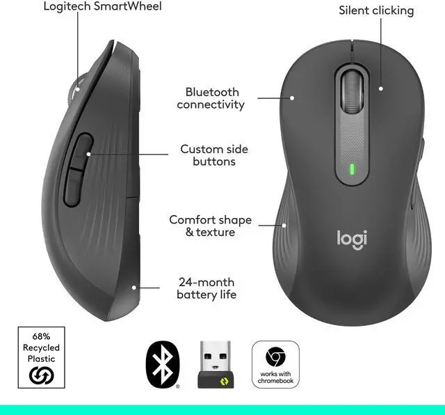 Alt view image 7 of 10 - Logitech Signature M650 L LEFT Mouse - Optical - Wireless - Bluetooth/Radio Frequency - Graphite - USB - 2000 dpi - Scroll Wheel - 5 Button(s) - 5 Programmable Button(s) - Large Hand/Palm Size - Left-
