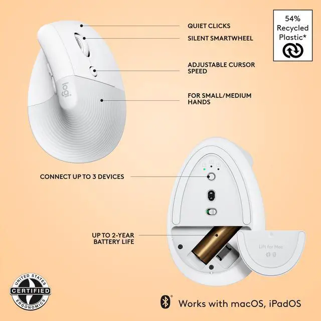 Alt view image 10 of 11 - Logitech Lift for Mac Wireless Vertical Ergonomic Mouse, Bluetooth, Quiet Clicks, Silent Smartwheel, 4 Customisable Buttons, for macOS/iPadOS/MacBook Pro/ Air/iMac/iPad - Off White