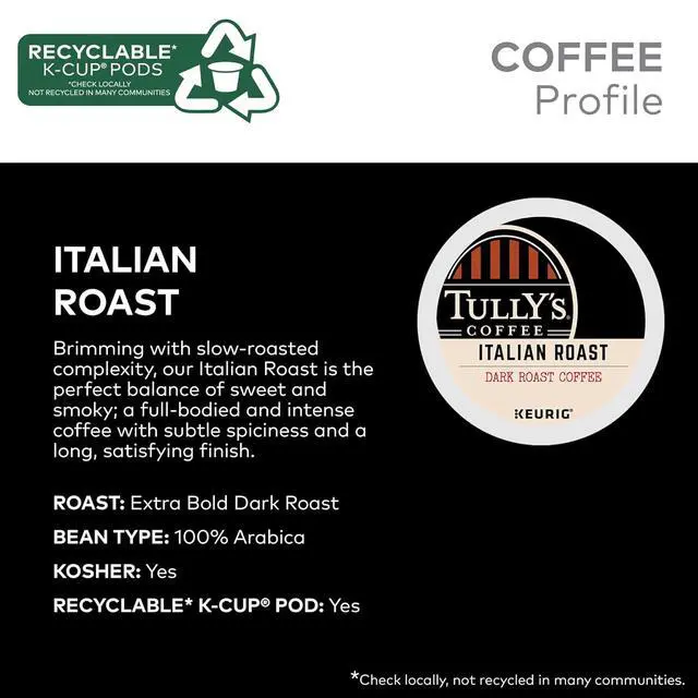 Alt view image 8 of 8 - Tully's Coffee K-Cup Italian Roast Coffee, Keurig Single-Serve K-Cup Pods, Regular Dark Roast coffee, 24 Count / Box (193019)