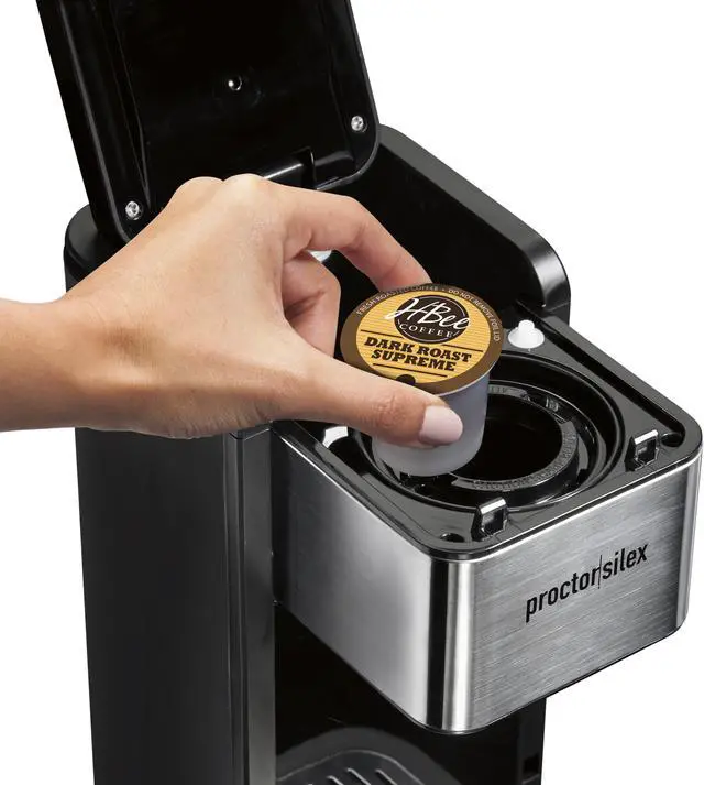 Alt view image 5 of 7 - proctor-silex single-serve coffee maker compatible with pod packs and grounds, 40 oz. reservoir makes four 10 oz. cups without refilling, black & stainless steel (49919)