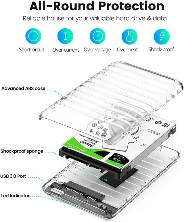 Alt view image 6 of 7 - ORICO 2.5" Transparent USB 3.0 to SATA 3.0 External Hard Drive Disk Enclosure Box, USB 3.0 High-Speed Case for 2.5" HDD / SSD, Case Support UASP Protocol SATA III Tool Free [Upgrade Version]