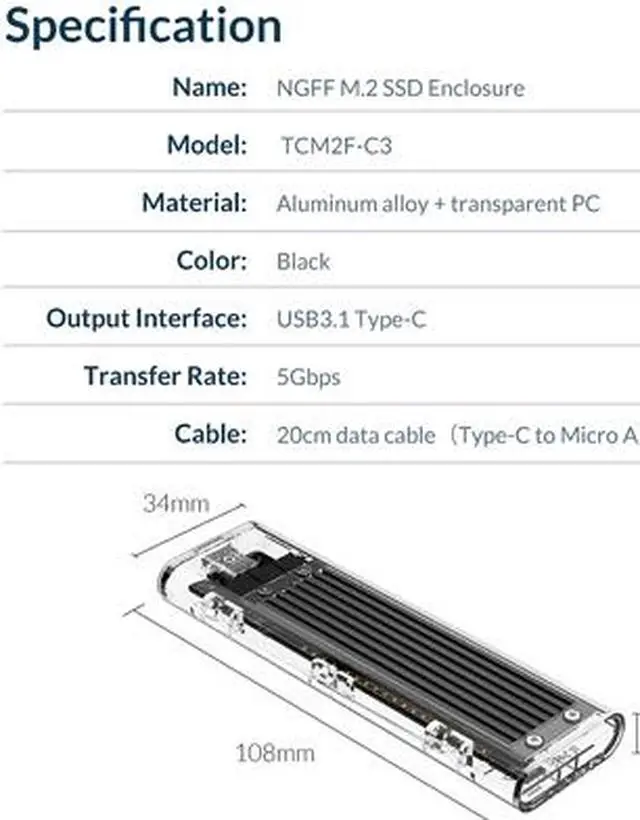 Alt view image 2 of 7 - ORICO M.2 to Type-C SSD Enclosure NGFF Transparent USB3.1 Type-C 6Gbps Support UASP 2TB for PCIE NGFF SATA B key SSD Disk - Black