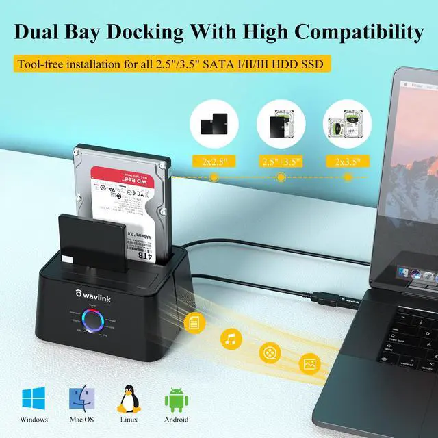 Alt view image 5 of 7 - Wavlink USB 3.0 to SATA I/II/II Dual Bay External Hard Drive Docking Station for 2.5" 3.5" SATA HDD/SSD Enclosure 2x 16TB Hard Drive Enclosure With UASP, Support Offline Clone Duplicator, Auto Sleep