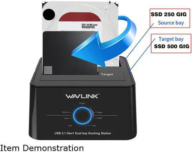Alt view image 5 of 7 - Wavlink USB 3.0 Dual Bay HDD/SSD Docking Station with UASP (6Gbps) for All SATA 2.5" 3.5" Hard Disk Offline Clone + One Button Backup Multitask External Storage Enclosure With USB3.0 to USB C Adapter