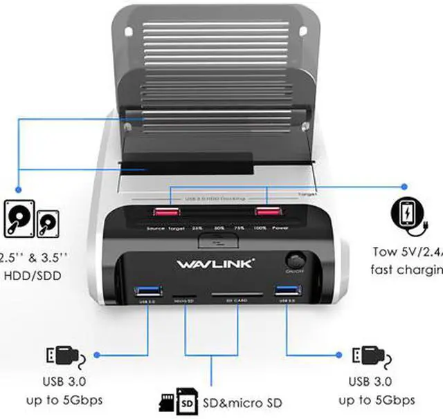 Alt view image 3 of 7 - Wavlink USB 3.0 to SATA Dual Bay External Hard Drive Docking Station for 2.5"/3.5" SATA I/II/III HDD SSD with Offline Clone & UASP, 2 USB 3.0, 2 Fast Charging Port, SD & Micro SD Card Reader, 2 x 16TB